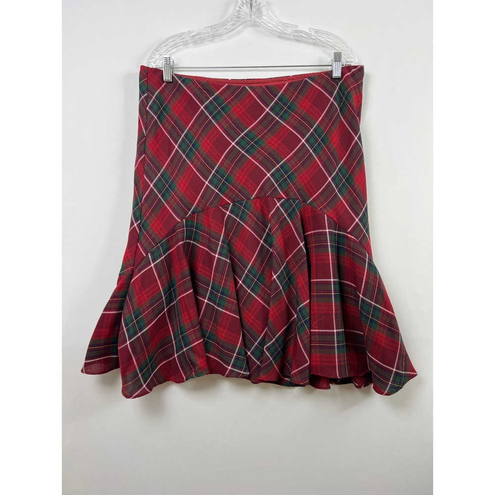 Chaps Plaid Skirt Women 14 Red Tartan Ruffle Hem Flounce Lined Holiday Classic